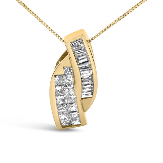 14k Yellow Gold 1 1/3 Cttw Princess and Baguette-cut Diamond Double Curved Pendant Necklace (H-I Color ,VS1-VS2 Clarity) - NO CHAIN INCLUDED
