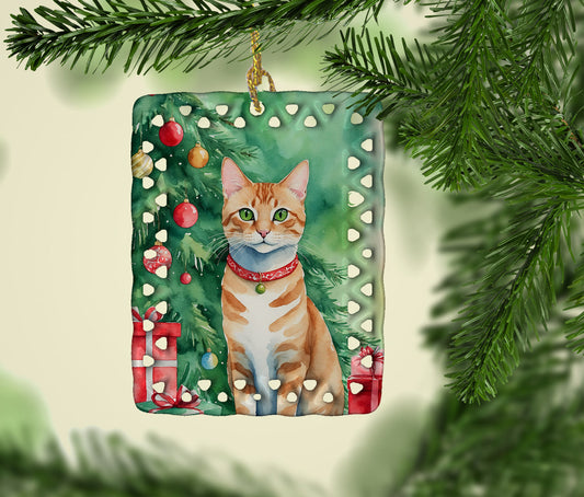 Arabian Mau Cat By the Christmas Tree Porcelain Ornament-1