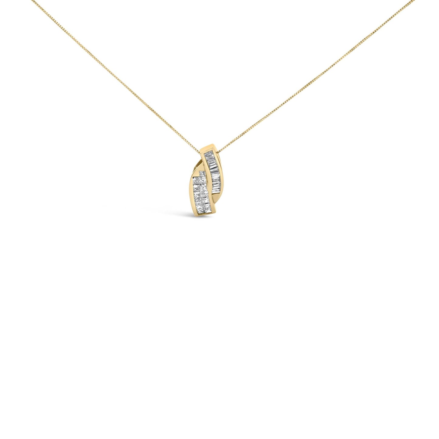 14k Yellow Gold 1 1/3 Cttw Princess and Baguette-cut Diamond Double Curved Pendant Necklace (H-I Color ,VS1-VS2 Clarity) - NO CHAIN INCLUDED