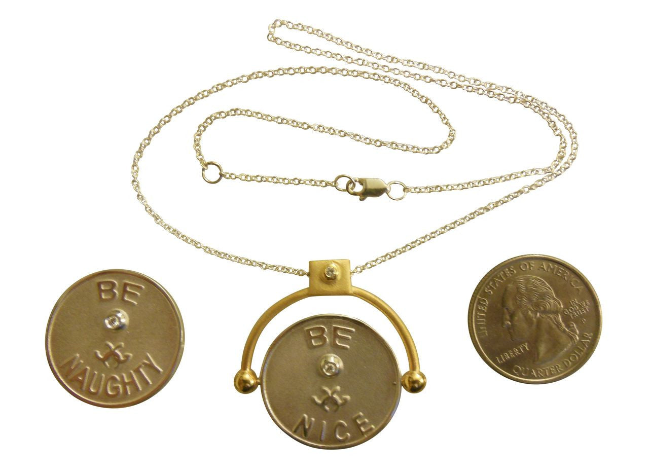 Decision Coin Necklace  "Be Naughty / Be Nice" Sterling Silver with Diamonds
