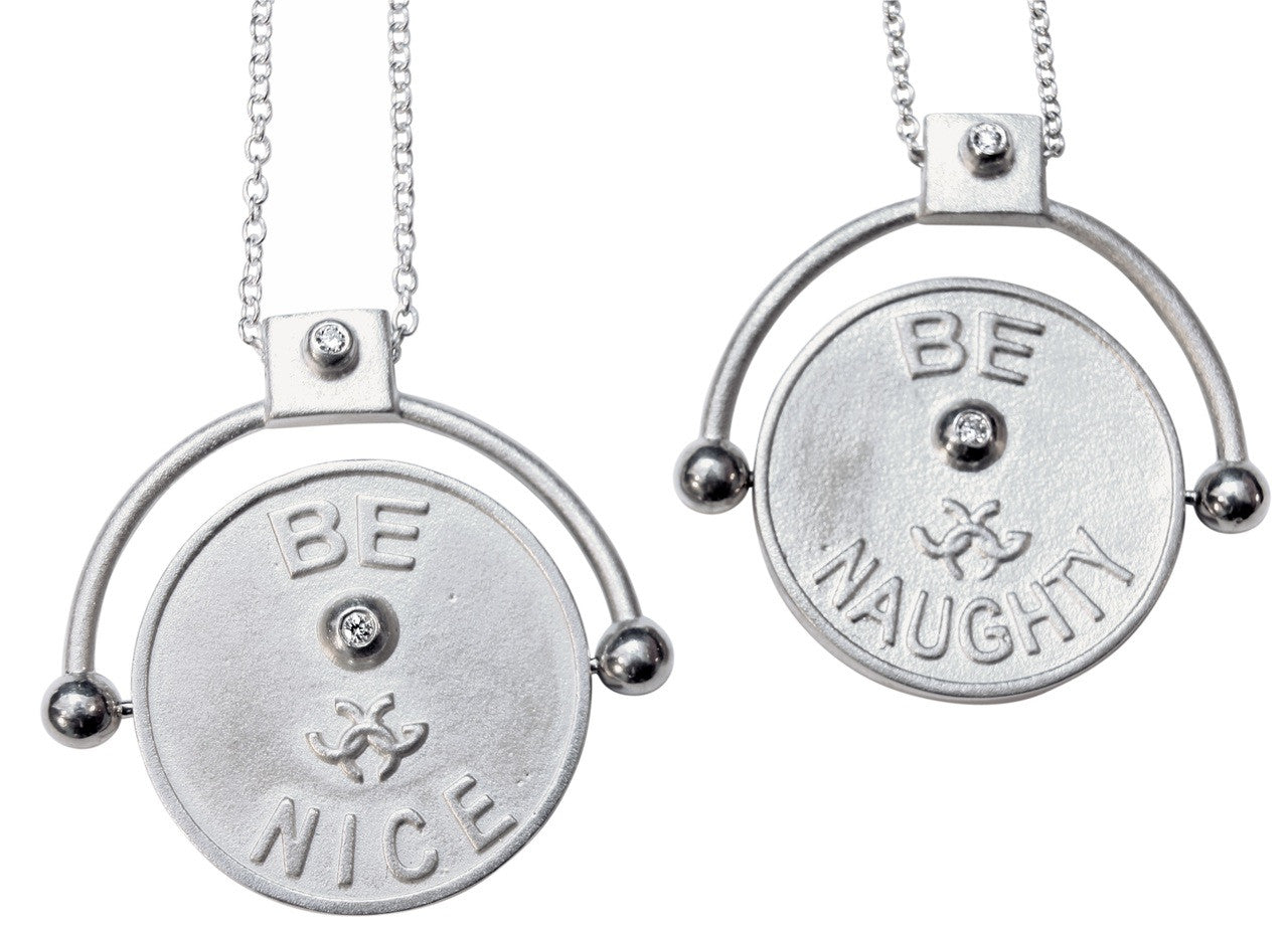 Decision Coin Necklace  "Be Naughty / Be Nice" Sterling Silver with Diamonds-1