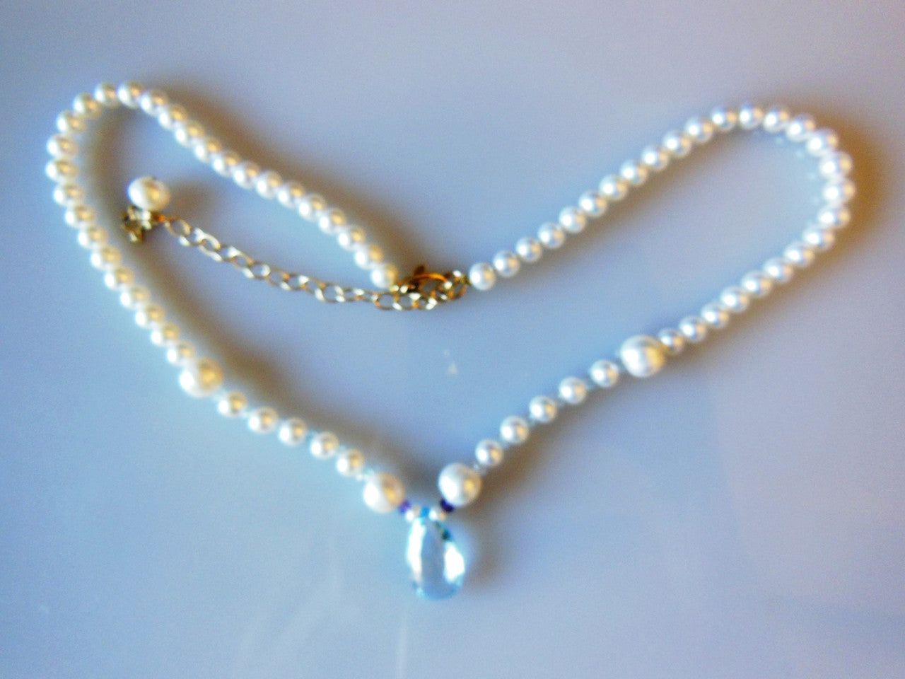 Sky Blue Topaz Briolette on Chinese Freshwater Pearl Necklace