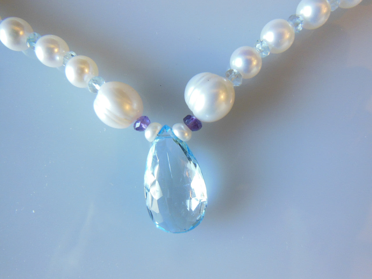 Sky Blue Topaz Briolette on Chinese Freshwater Pearl Necklace-10