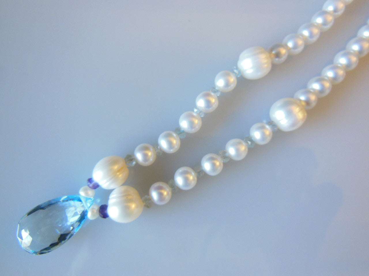 Sky Blue Topaz Briolette on Chinese Freshwater Pearl Necklace