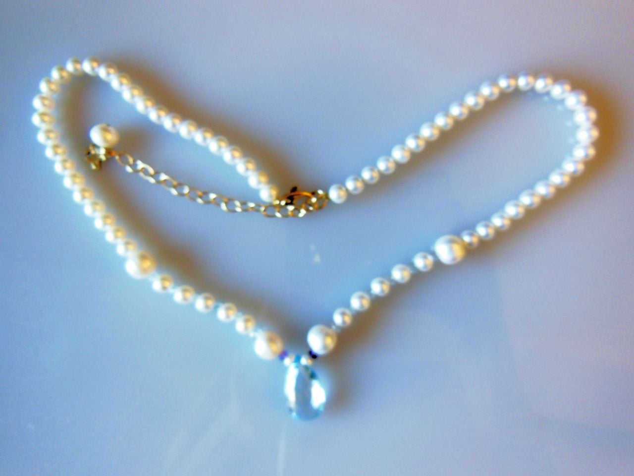Sky Blue Topaz Briolette on Chinese Freshwater Pearl Necklace
