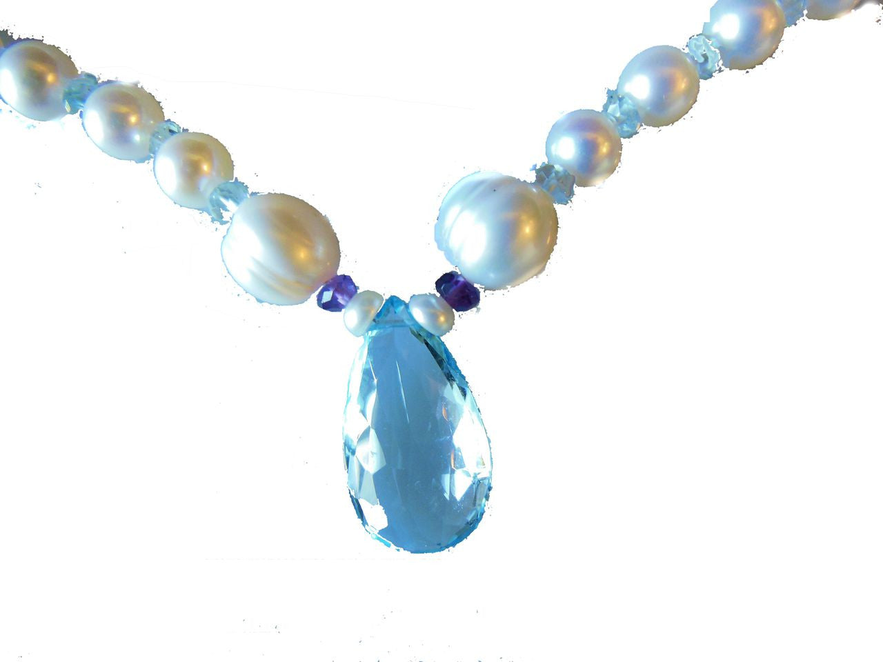 Sky Blue Topaz Briolette on Chinese Freshwater Pearl Necklace-0