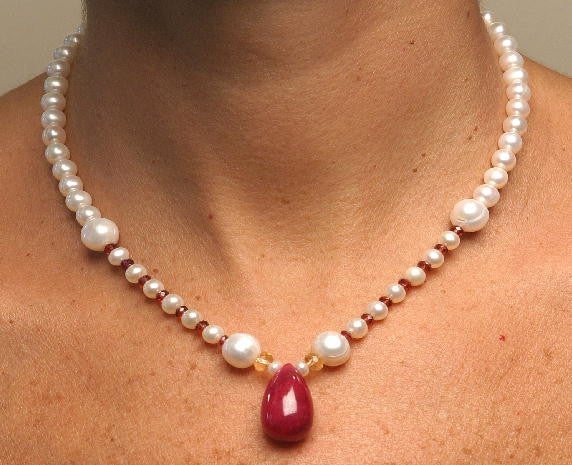 Sky Blue Topaz Briolette on Chinese Freshwater Pearl Necklace