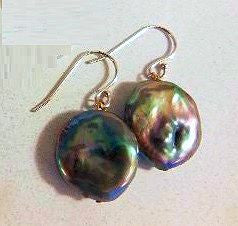 Coin Pearl Drop Earrings-Black with Rainbow Overtones