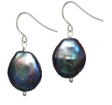 Coin Pearl Drop Earrings-Black with Rainbow Overtones