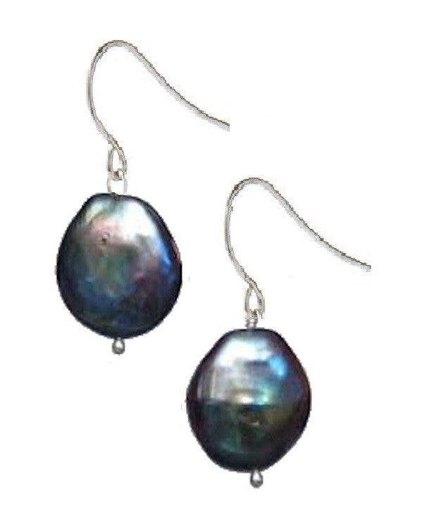 Coin Pearl Drop Earrings-Black with Rainbow Overtones-1