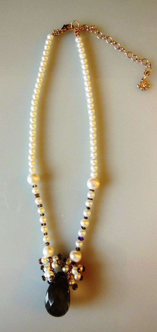 Smoky briolette with "stardust" clusters on pearls