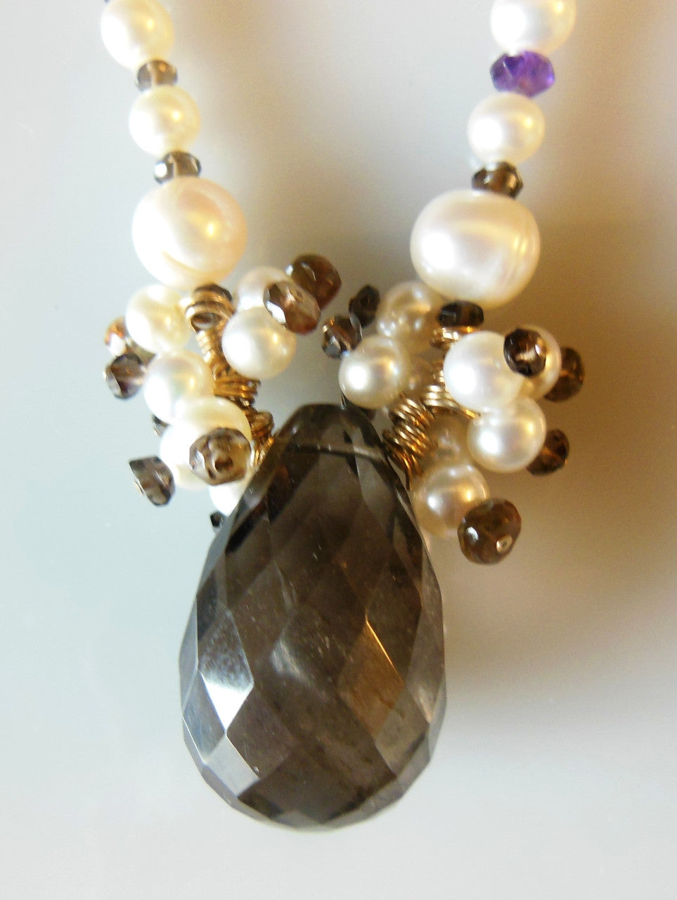 Smoky briolette with "stardust" clusters on pearls-0