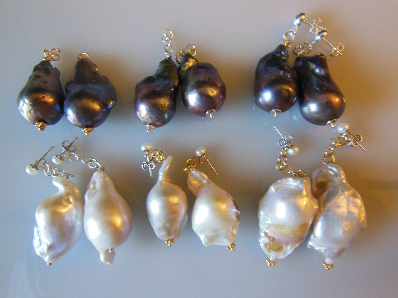 Jumbo Baroque Chinese Freshwater Black Greyish Pearl Earrings-One of a kind-005-9