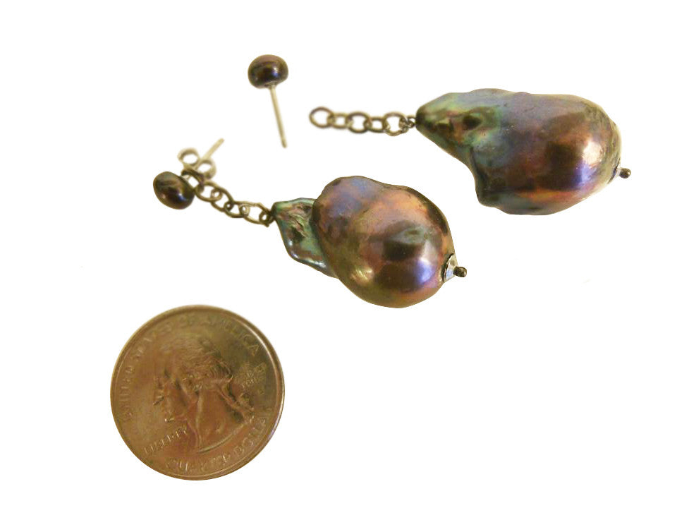 Jumbo Baroque Chinese Freshwater Black Greyish Pearl Earrings-One of a kind-005-5