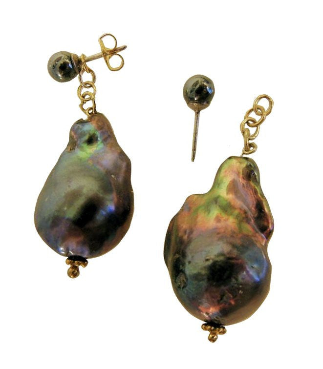 Jumbo Baroque Chinese Freshwater Black Greyish Pearl Earrings-One of a kind-005