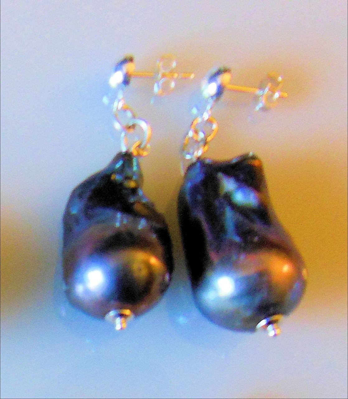 Jumbo Baroque Chinese Freshwater Black Greyish Pearl Earrings-One of a kind-005-7