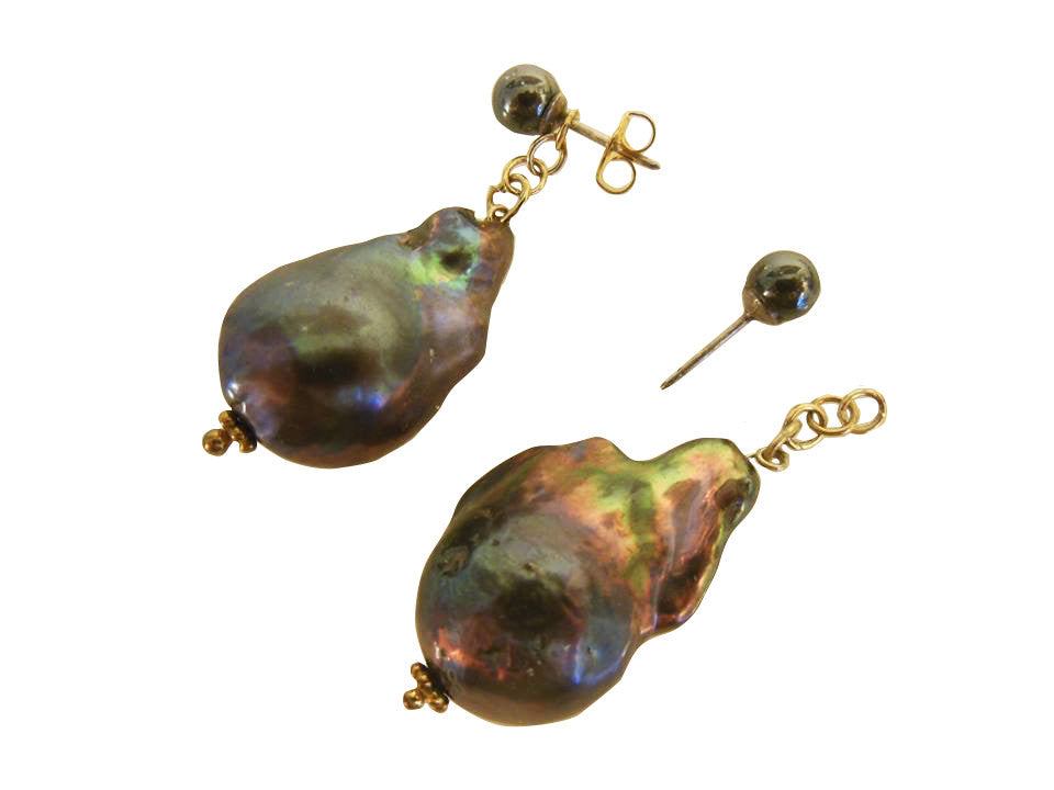 Jumbo Baroque Chinese Freshwater Black Greyish Pearl Earrings-One of a kind-005