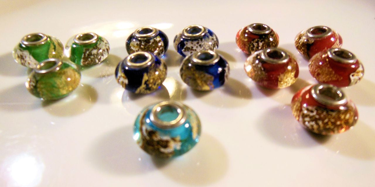 Green Murano Glass with gold flakes on Sterling Silver. Fits Pandora. 5 Available