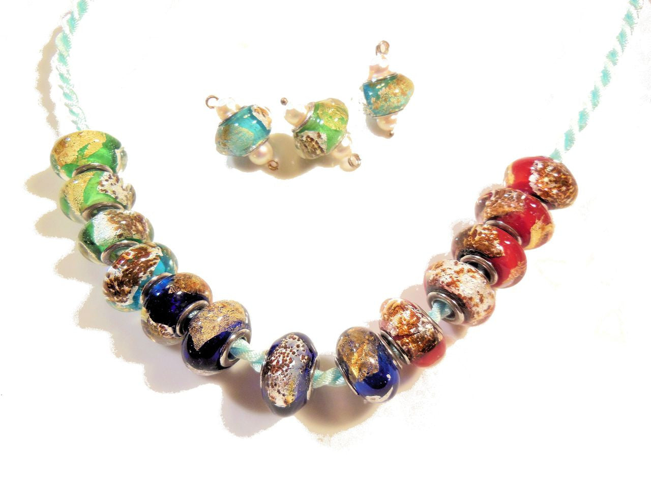 Green Murano Glass with gold flakes on Sterling Silver. Fits Pandora. 5 Available