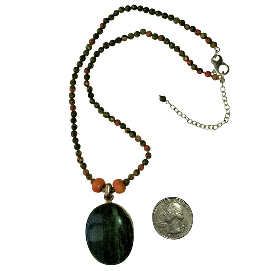 Green Aventurine Pendant, Peach Vintage Glass and Greens and Peach Jasper Bead necklace