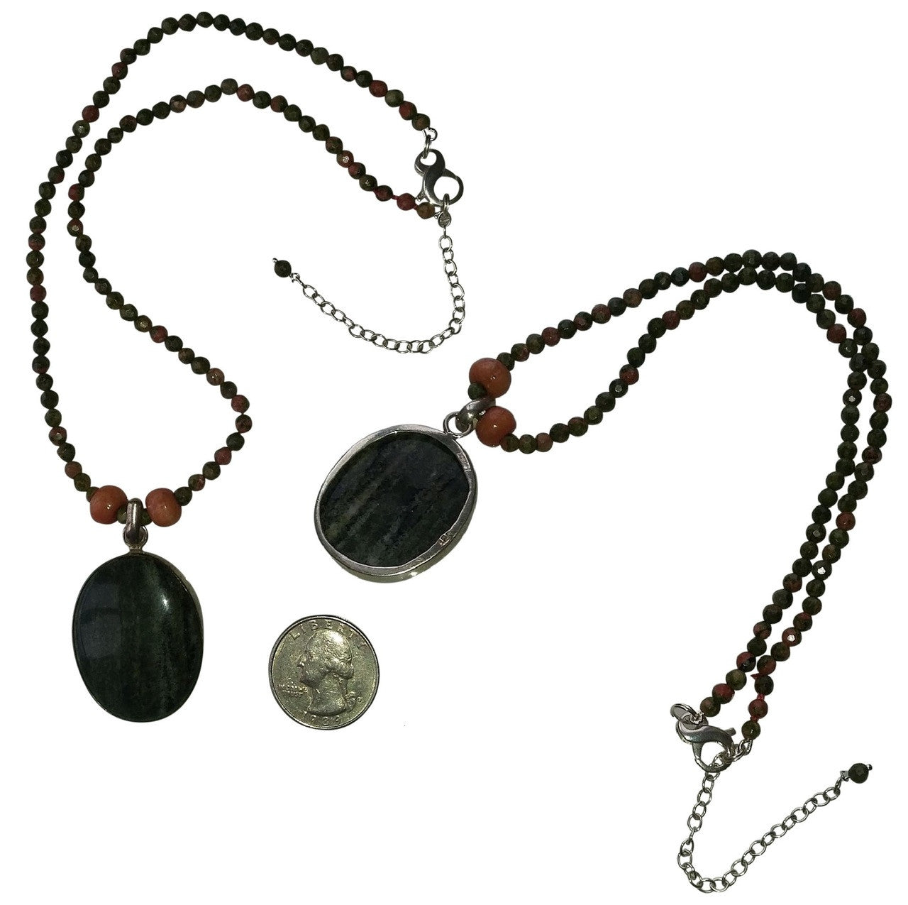 Green Aventurine Pendant, Peach Vintage Glass and Greens and Peach Jasper Bead necklace-4