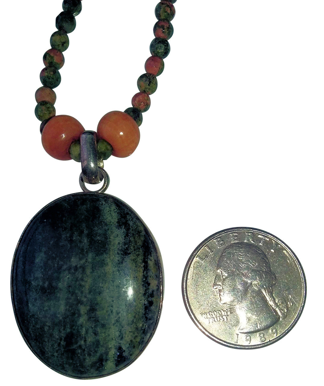 Green Aventurine Pendant, Peach Vintage Glass and Greens and Peach Jasper Bead necklace