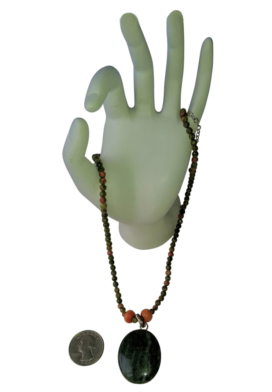 Green Aventurine Pendant, Peach Vintage Glass and Greens and Peach Jasper Bead necklace