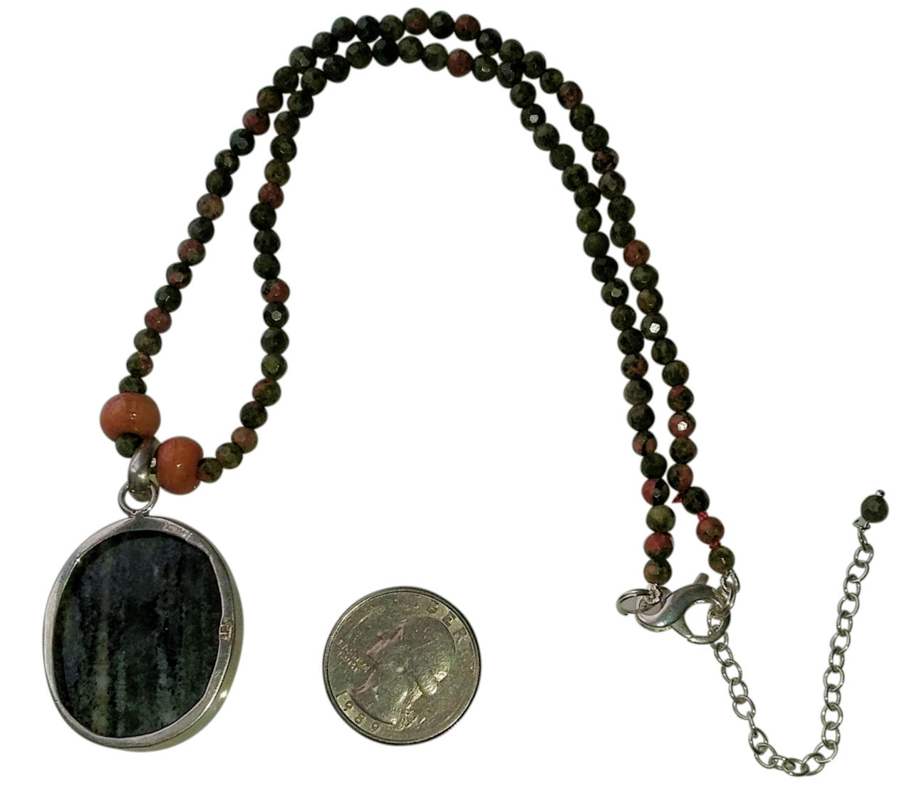 Green Aventurine Pendant, Peach Vintage Glass and Greens and Peach Jasper Bead necklace