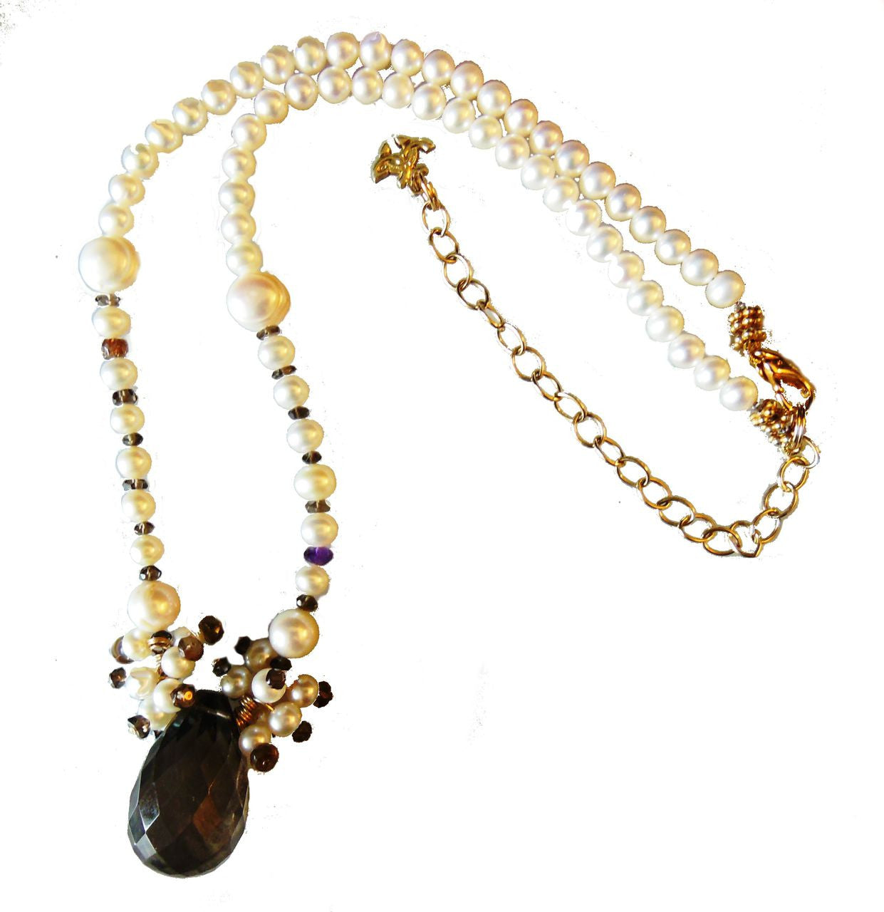 Smoky briolette with "stardust" clusters on pearls